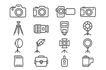 Photography equipment line icon set, cameras, tripods, lighting, flash, lenses, studio gear, photo gear icons, vector cartoon illustration with transparent background, ordered collection