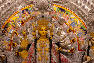 Subho mahalaya, An handmade idol of Goddess Durga decorated in colorful Pandal. Durga Puja is...