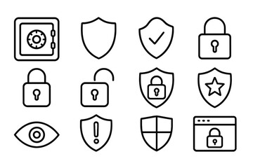 Security and Protection Icon Set with Safe and Shield Outline Symbols, Vector Cartoon Illustration Collection of Lock, Eye, and Shield Icons, Transparent Background, Ordered Set 2