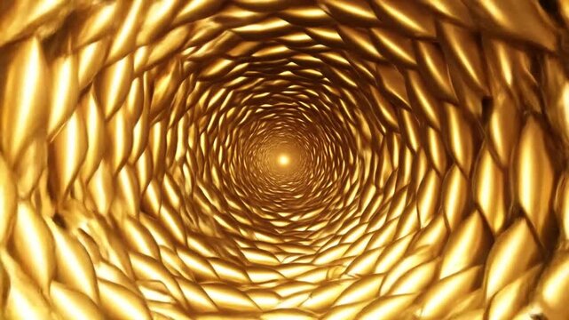 Abstract Golden Tunnel with Shiny Metallic Texture And Repeating Geometric Shapes Forming A Mesmerizing Pattern And Creating A Futuristic Perspective