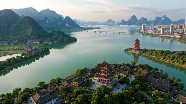 Aerial photography of Liuzhou's urban natural scenery and Guilin's landscape and urban scenery
