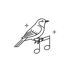 Line art illustration of a bird singing on a musical note isolated on transparent background
