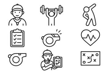 Sports coaching line icon set with fitness, exercise, health, strategy, training, whistle, checklist, heart rate, and workout plan symbols in vector cartoon style transparent background