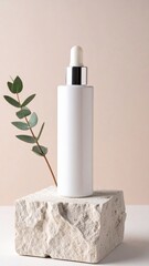 White Cosmetic Serum Bottle with Green Leaves on Marble Stone Against Neutral Background