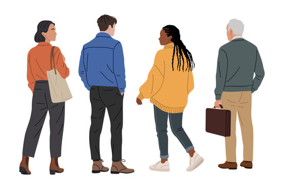 Set of diverse People Standing Rear View. Male, Female, couple cartoon Characters different ages, races Wearing casual Clothes Back View vector illustration Isolated