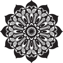 Ornate Mandala Design in Black and White This intricate black and white mandala design features a symmetrical floral pattern, perfect for coloring books, textile design, or as a decorative element.