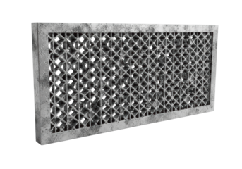 Rectangular architectural panel in distressed charcoal gray with intricate geometric perforations, weathered industrial texture, isolated on a transparent background with soft shadows, concept of