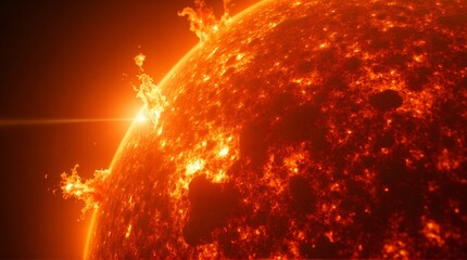 A bright orange star with flares and a lens flare on the edge of the star in the dark space field