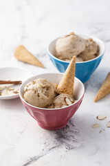 Homemade banana ice cream with waffle cone