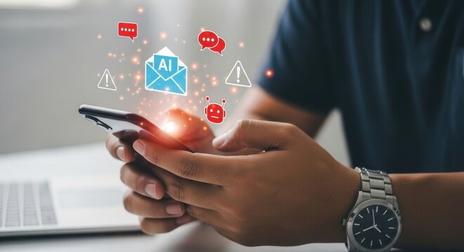 A person interacts with a smartphone displaying ai and communication icons, signifying digital messaging
