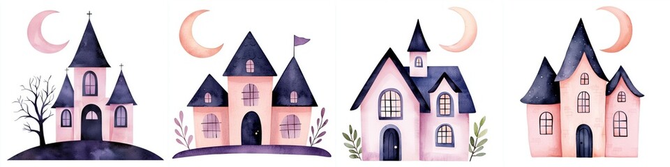 Haunted house with crescent moon watercolor illustration featuring four distinct houses, each with unique architectural styles and whimsical atmosphere.