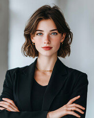 Portrait of a beautiful young businesswoman in a black suit with crossed arms