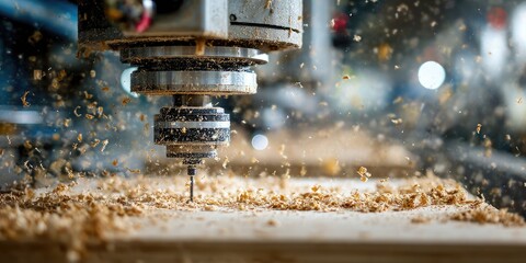 CNC machine cuts wood, producing shavings. Close-up detail of woodworking process