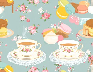 Seamless pattern of teacups, cakes, macarons and flowers on a teal background