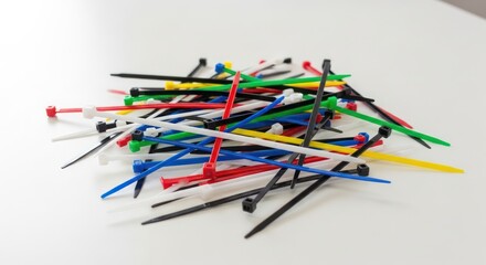 An assortment of vibrant cable ties presents a jumbled yet organized collection of colors