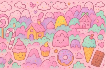 Seamless candy land cartoon pattern with cupcakes, donuts, and lollipops in pastel tones for kids’ playful decor and designs. Generative AI