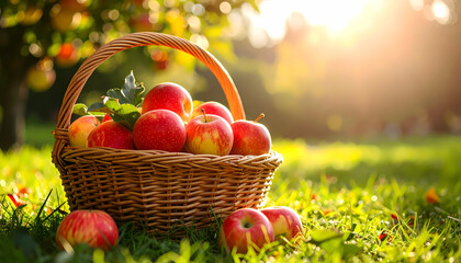 Fresh ripe red apple fruit in wicker basket on green grass. beautiful autumn harvest scene in sunny garden orchard with warm golden sunlight in background