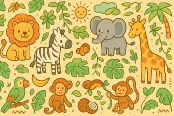 Seamless jungle safari cartoon pattern with lions, zebras, monkeys, and tropical leaves in bright playful tones for kids’ decor. Generative AI