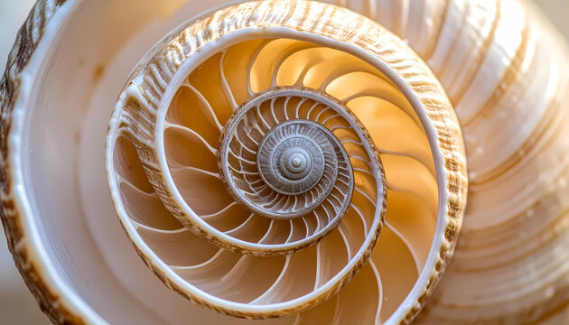 Close up of tranquil nautilus shell revealing its perfect golden spiral and natural geometry. intricate pattern of chambered structure evokes sense of harmony and wonder