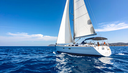 Obraz premium White sailboat and luxury yacht sailing across deep blue sea on sunny summer day. relaxing vacation travel experience on calm ocean water offering sense of freedom
