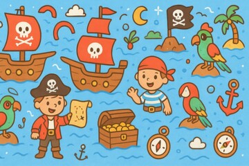 Seamless sea pirate cartoon pattern with ships, treasure chests, and parrots in bright playful ocean colors for children’s decor. Generative AI