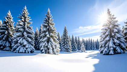 Beautiful winter landscape with snow covered forest and pine tree. Bright sun with sunshine in clear blue sky creating peaceful and serene outdoor scene