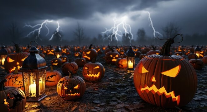 Eerie pumpkin patch under stormy sky with lightning strikes and glowing lanterns - Powered by Adobe