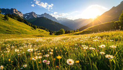 Fototapeta premium Serene mountain landscape with sunlit green meadow full of wildflowers at sunrise. majestic, tranquil, and peaceful scene in nature with golden light and alpine beauty