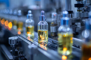 Glass bottles filled with yellow liquid move along a factory production line
