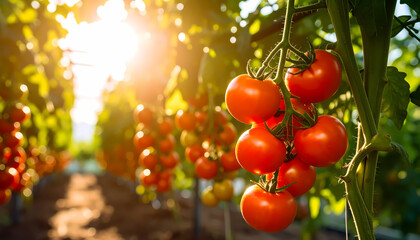Beautiful ripe red tomato hanging on vine in greenhouse with warm sunbeam. Organic vegetable farming in garden, representing healthy food and peaceful harvest
