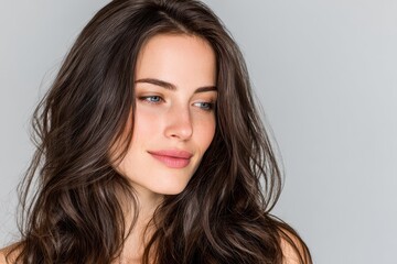 Fototapeta premium Beautiful woman with long brown hair and blue eyes looks off. Great for beauty product ads or skin care content.