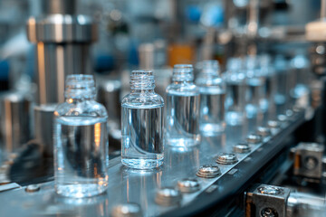 Clear bottles moving on a factory conveyor belt industrial production line