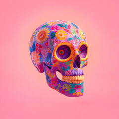 Colorful Floral Skull with Vibrant Patterns on Pastel Pink Background for Día de Muertos and Halloween Designs