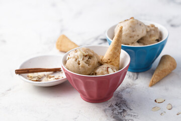 Homemade banana ice cream with waffle cone