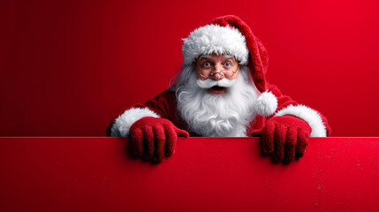 A santa claus peeking over a red sign with a surprised look on his face
