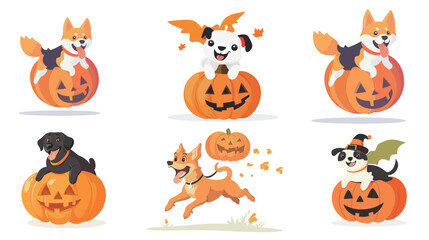 Obraz premium A Dog Riding a Flying Pumpkin Vector Graphic – Halloween Fantasy Illustration