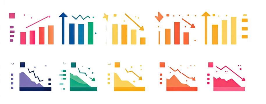 Colorful chart icons showing various trends, including upward and downward progress in bar and line graph formats - Powered by Adobe