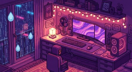Pixelated tranquility rainy ambience computer desk glowing strings of lights decor