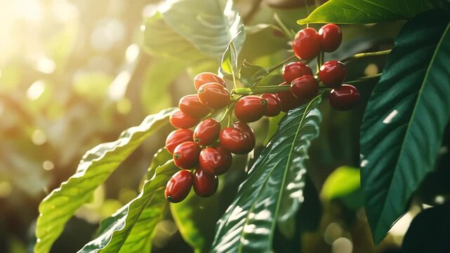 Coffee cherries on branch