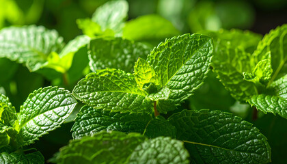 Refreshing closeup of vibrant green mint leaf, fresh natural plant and herb. This healthy aromatic foliage on dark background feels invigorating and perfect for culinary use
