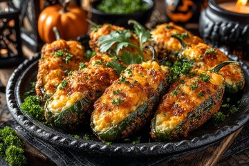 Slimy Jalapeno Poppers arranged on black plate, topped with herbs. Concept of Slimy Jalapeno Poppers showcases hot peppers filled with creamy cheese in cozy setting.