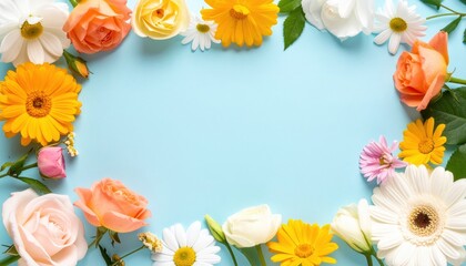 Obraz premium Vibrant flower arrangement bright blue background floral composition nature top-down view aesthetic beauty