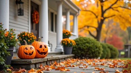 Pumpkins and fall leaves decorate a house for autumn with a wreath on the front door of the home