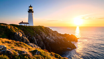 Fototapeta premium Serene lighthouse on rocky coast stands against scenic ocean sunset. golden sun light casts beautiful glow over sea and cliff, peaceful landscape