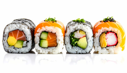Delicious assortment of fresh japanese sushi maki roll food. lineup of raw salmon, crab, and avocado seafood on white background creating an appetizing meal