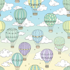 "Seamless Hot Air Balloon Pattern with Clouds and Sky &ndash; Whimsical Pastel Decorative Illustration for Textile, Wallpaper, and Design"