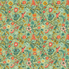 "Seamless Vintage Floral Pattern with Birds &ndash; Colorful Botanical Decorative Design for Textile, Wallpaper, and Fabric"