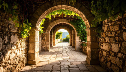 Fototapeta premium Peaceful ancient stone arch tunnel forms historic path toward light. Old architecture covered in green vine creates serene and beautiful passage forward