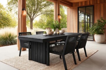 Fototapeta premium A modern outdoor dining set, featuring a large black table and matching chairs, sits on a light beige rug under a covered patio.