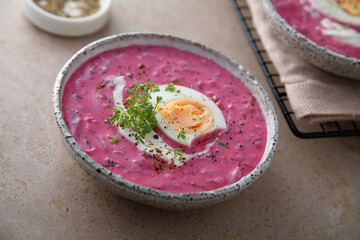 Cold beetroot soup with hard boiled egg